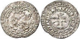 NEDERLAND, GELDERLAND, Hertogdom, Eduard (1361-1371), AR dubbele groot (plak), z.j. (1368-1371), Arnhem. Vz/ Zittende leeuw l. met toernooihelm. Kz/ G...
