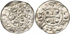 NEDERLAND, GRONINGEN, Bernulphus, bischop van Utrecht (1040-1054), AR denarius. Vz/ Staf met legende BACVLVS in het veld. Kz/ Kruis met vier punten in...