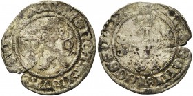 NEDERLAND, NIJMEGEN, AR halve stuiver (groot), 148[5]. Vz/ MONETΛ NOVΛ NOVIMΛGEN Klimmende leeuw n. l. met stadswapen. Kz/ ΛNNO DOMI MCCCCLXXX[V] Gebl...