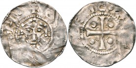 NEDERLAND, TIEL (?), keizerlijke munt, Hendrik III (1036-1056) of Hendrik IV (1056-1106), AR denier. Vz/ Gekroond hoofd v.v. Kz/ Kruis met in elk kwar...
