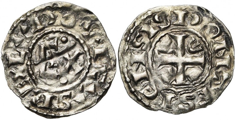 FRANCE, Royaume, Louis VI (1108-1137), AR denier, Pontoise. 2e type. D/ LVDOVICV...