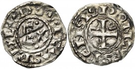 FRANCE, Royaume, Louis VI (1108-1137), AR denier, Pontoise. 2e type. D/ LVDOVICVS REX Grand C accosté d''un X entre deux globules. R/ PONTESINSIS Cro...