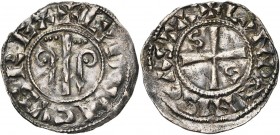 FRANCE, Royaume, Louis VII (1137-1180), AR denier, Château-Landon. D/ + LVDOVICVS REX Pal entre deux crosses surmontées chacune de trois points. R/ + ...