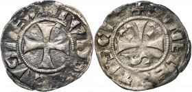 FRANCE, Royaume, Louis VII (1137-1180), AR denier, Senlis. D/ + LVDOVICVS REX Croix. R/ + SINELECTIS CIV Monogramme dégénéré: les trois bras d''une cr...