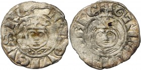 FRANCE, Royaume, Louis VII (1137-1180), AR denier, Laon. Avec l''évêque Gautier Ier (1151-1155) ou Gautier II (1155-1174). D/ + LVDOVICVS RE B. couron...