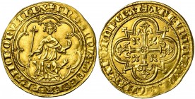 FRANCE, Royaume, Philippe IV le Bel (1285-1314), AV masse d''or (denier d''or à la masse), 1e émission (janvier 1296). D/ Dans un polylobe, le roi trô...