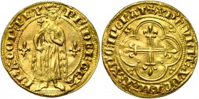 FRANCE, Royaume, Philippe IV le Bel (1285-1314), AV mantelet d''or (petit royal debout), avril 1305. D/ Le roi deb. de f., vêtu d''un manteau, ten. un...