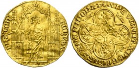 FRANCE, Royaume, Charles IV le Bel (1322-1328), AV royal d''or, février 1326. D/ Le roi deb. de f. sous un dais gothique, ten. un long sceptre. R/ Cro...
