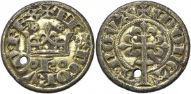 FRANCE, Royaume, Charles IV le Bel (1322-1328), parisis simple, 1e émission (octobre 1322). Piéfort en billon doré. D/ + FRANCORVM REX Couronne sous d...