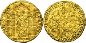 FRANCE, Royaume, Philippe VI de Valois (1328-1350), AV royal d''or, mai 1328. D/ Le roi deb. de f. sous un dais gothique, ten. un long sceptre. R/ Cro...