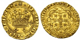 FRANCE, Royaume, Philippe VI de Valois (1328-1350), AV couronne d''or, janvier 1340. D/ + PH DI GRA REX FRANC (ponctuation par sautoirs) La couronne r...
