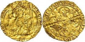 FRANCE, Royaume, Philippe VI de Valois (1328-1350), AV double royal d''or, avril 1340. D/ Le roi trônant de f. dans une stalle gothique, ten. un scept...