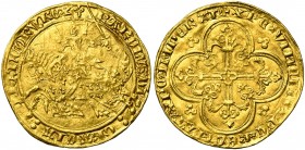 FRANCE, Royaume, Charles V (1364-1380), AV franc à cheval, 3 septembre 1364. D/ Le roi à cheval, galopant à g., brandissant son épée. R/ Croix feuillu...