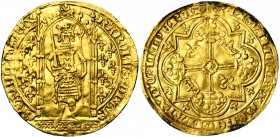 FRANCE, Royaume, Charles V (1364-1380), AV franc à pied, avril 1365. D/ Le roi deb. sous un dais, ten. l''épée et la main de justice. Champ fleurdelis...