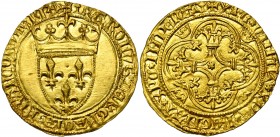 FRANCE, Royaume, Charles VI (1380-1422), AV écu d''or à la couronne, 1e ou 2e émission (1385-1389), Tours. Différent: tour (ou pion) au droit et au re...