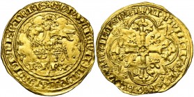 FRANCE, Royaume, Charles VI (1380-1422), AV agnel d''or, 1e émission (mai 1417), point 7e, Angers. D/ Dans un polylobe, agneau pascal à g., devant une...