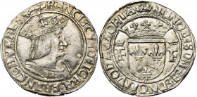 FRANCE, Royaume, François Ier (1515-1547), AR demi-teston, s.d., point 12e, Lyon. 14e type. D/ B. cuir. à d., portant une couronne fermée. R/ Ecu de F...