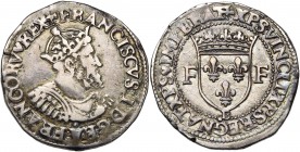 FRANCE, Royaume, François Ier (1515-1547), AR teston, s.d. (1540-1545), Rouen. 28e type. D/ B. barbu, couronné et cuirassé à d., avec le collier de l'...