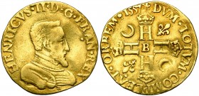 FRANCE, Royaume, Henri II (1547-1559), AV double Henri d''or, 1557B, Rouen. 1er type. D/ B. cuir. à d. R/ Croix formée de quatre H couronnés, cantonné...