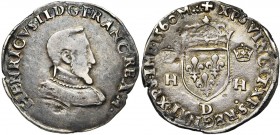 FRANCE, Royaume, François II (1559-1560), AR demi-teston, 1560D, Lyon. 2e type. A l''effigie et au titre de son père Henri II. D/ B. cuir. à d. M en f...