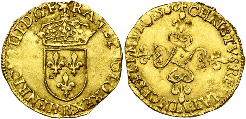 FRANCE, Royaume, Henri III (1574-1589), AV écu d''or au soleil, 1580B, Rouen. D/...