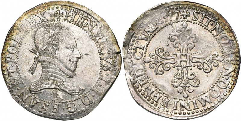 FRANCE, Royaume, Henri III (1574-1589), AR franc au col plat, 1577A, Paris. D/ B...