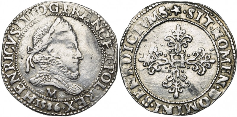 FRANCE, Royaume, Henri III (1574-1589), AR franc au col fraisé, 1586M, Toulouse....