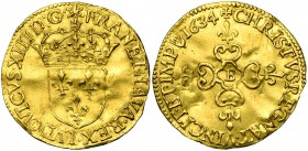 FRANCE, Royaume, Louis XIII (1610-1643), AV écu d''or au soleil, 1634B, Rouen. D/ Ecu de France couronné, sous un soleil. La légende débutant à 6h. R/...