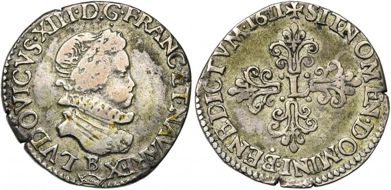 FRANCE, Royaume, Louis XIII (1610-1643), AR demi-franc, 1611B, Rouen. 2e type. D...