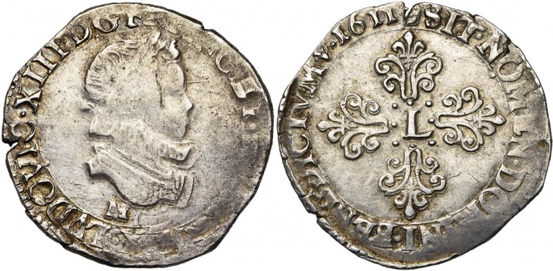 FRANCE, Royaume, Louis XIII (1610-1643), AR demi-franc, 1611M, Toulouse. D/ B. e...