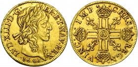 FRANCE, Royaume, Louis XIII (1610-1643), AV louis d''or à la mèche longue, 1641A, Paris. D/ T. laurée à d. R/ Croix formée de huit L couronnés, canton...