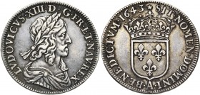 FRANCE, Royaume, Louis XIII (1610-1643), AR demi-écu, 1643A, Paris. Deuxième poinçon. Rosette initiale. D/ B. l., dr. et cuir. à d. R/ Ecu de France c...
