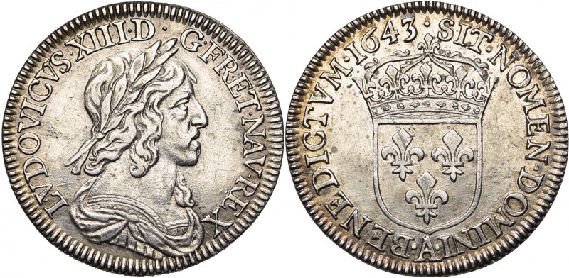FRANCE, Royaume, Louis XIII (1610-1643), AR quart d''écu, 1643A, Paris. Deuxième...