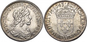 FRANCE, Royaume, Louis XIII (1610-1643), AR quart d''écu, 1643A, Paris. Deuxième poinçon. Point initial. D/ B. l., dr. et cuir. à d. R/ Ecu de France ...