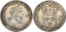 FRANCE, Royaume, Louis XIII (1610-1643), AR douzième d''écu, 1643A, Paris. Deuxième poinçon. Point initial. D/ B. l., dr. et cuir. à d. R/ Ecu de Fran...