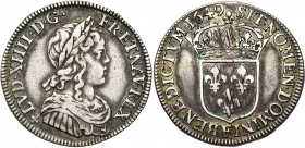 FRANCE, Royaume, Louis XIV (1643-1715), AV quart d''écu à la mèche longue, 1649F, Angers. D/ B. enfantin, l., dr. et cuir. à d. R/ Ecu de France couro...