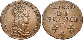 FRANCE, Royaume, Louis XIV (1643-1715), Cu liard de France, 1655D, Vimy. D/ B. juvénile couronné à d. R/ Valeur en trois lignes au-dessus du différent...