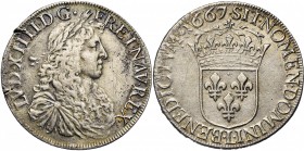 FRANCE, Royaume, Louis XIV (1643-1715), AR écu au buste juvénile, 1667L, Bayonne. 2e type. D/ B. à d., les cheveux longs, l., dr. et cuir., orné d''un...