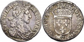 FRANCE, Royaume, Louis XIV (1643-1715), AR quart d''écu au buste juvénile, 1666&, Aix-en-Provence. D/ B. à d., les cheveux longs, l., dr. et cuir. R/ ...