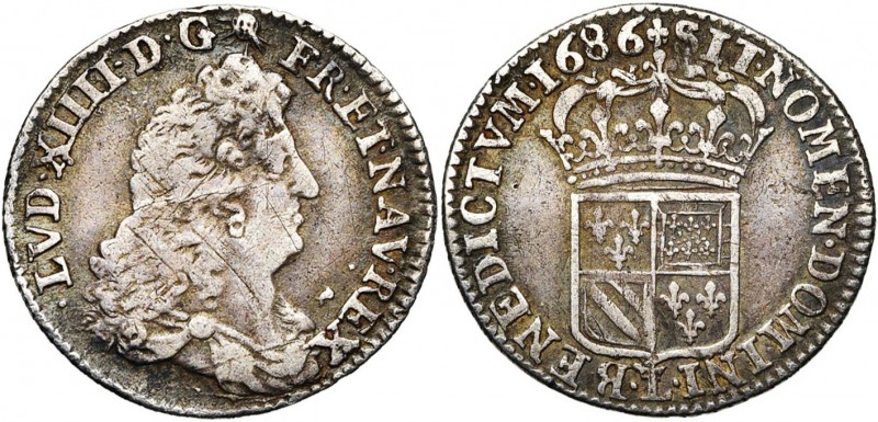 FRANCE, Royaume, Louis XIV (1643-1715), AR seizième d''écu de Flandre, 1686L cou...