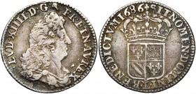 FRANCE, Royaume, Louis XIV (1643-1715), AR seizième d''écu de Flandre, 1686L couronné, Lille. Différent: trèfle. D/ B. dr. à d., coiffé d''une longue ...