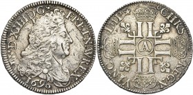 FRANCE, Royaume, Louis XIV (1643-1715), AR demi-écu aux huit L, 1690A, Paris. 1er type. 1e réformation. D/ B. dr. à d. R/ Croix formée de huit L couro...
