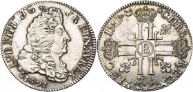 FRANCE, Royaume, Louis XIV (1643-1715), AR quart d''écu aux huit L, 1691B, Rouen. 1er type. 1e réformation. D/ B. dr. à d. R/ Croix formée de huit L c...