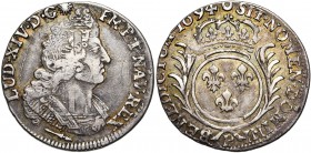 FRANCE, Royaume, Louis XIV (1643-1715), AR quart d''écu aux palmes, 1694P, Dijon. 2e réformation. D/ B. cuir. à d. R/ Ecu de France rond, couronné, en...