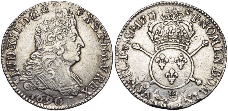 FRANCE, Royaume, Louis XIV (1643-1715), AR quart d''écu aux insignes, 1701B, Rou...