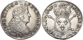 FRANCE, Royaume, Louis XIV (1643-1715), AR quart d''écu aux insignes, 1701B, Rouen. 3e réformation. D/ B. à d., cuirassé à l''antique. R/ Ecu de Franc...