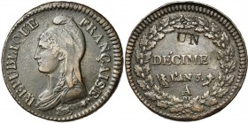 FRANCE, Directoire (1795-1799), Cu 1 décime, an 5A, Paris. Contremarqué sur 2 décimes. Gad. 186.
TB