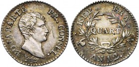FRANCE, Consulat (1799-1804), AR quart de franc, an 12A, Paris. Gad. 342. Griffes dans le champ. Belle patine.
pr. SUP