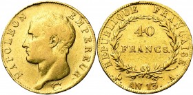 FRANCE, Napoléon Ier (1804-1814), AV 40 francs, an 13A, Paris. Gad. 1081. Nettoyé.
B/TB