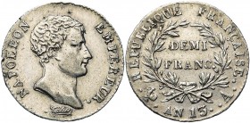 FRANCE, Napoléon Ier (1804-1814), AR demi-franc, an 13A, Paris. Gad. 395. Nettoyé.
TB